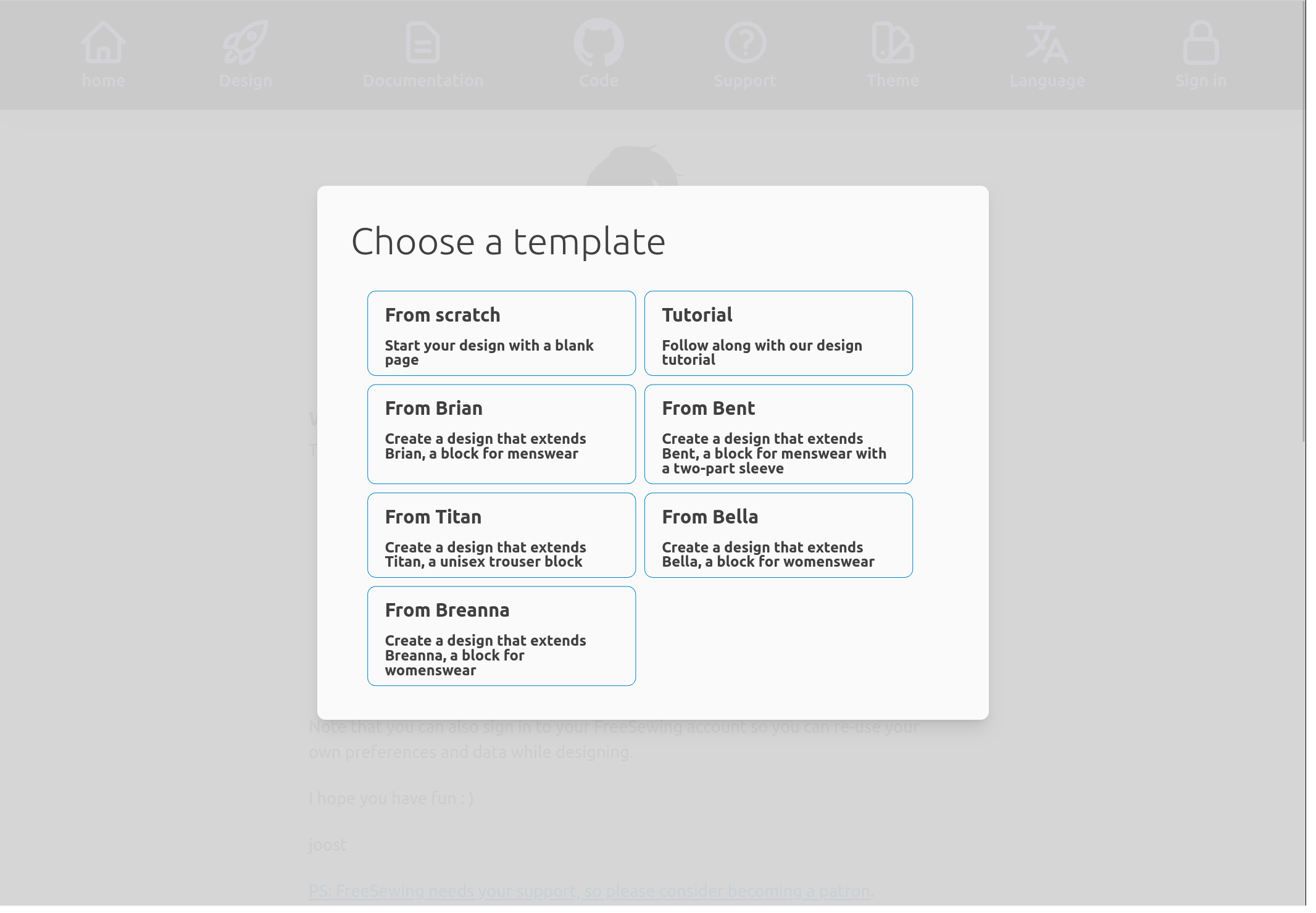 Design templates provided by the open clothes development environment
